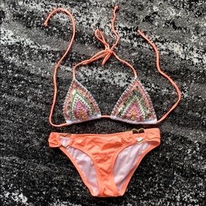 Orange Bejeweled Bikini Set